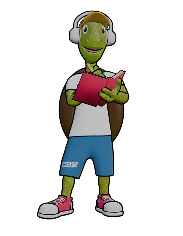 Tatá, a mascote do CBR, segurando um caderno